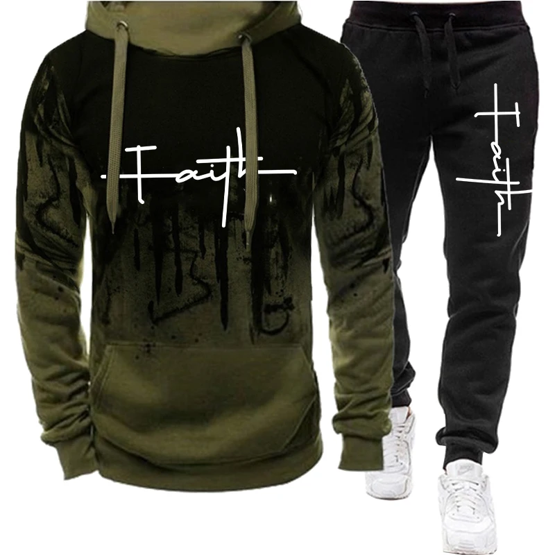 

Fashion Faith Printed Autumn Men's Casual Tracksuit Men Sweatshirts and Sweatpants Two Pieces Sets Sportswear Plus Size Clothing