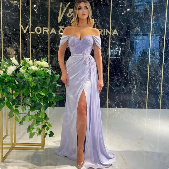 

Chic Formal Prom Dresses Off Shoulder Sequins Evening Dress Saudi Arabia High Split Night Cocktail Party Gowns Robes De Soirée