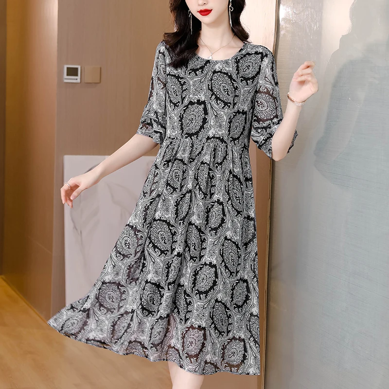 

2024 New Black Print Chiffon Butterfly Sleeve Midi Dress Summer Boho Fashion Light Beach Dress Women Korean Casaul Party Vestido