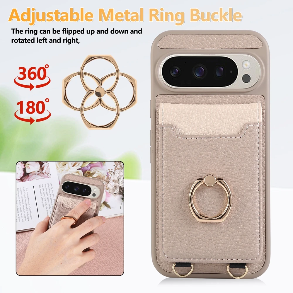 Premium Crossbody Leather Phone Case with Ring Bracket, Card Holder, and Lanyard Strap