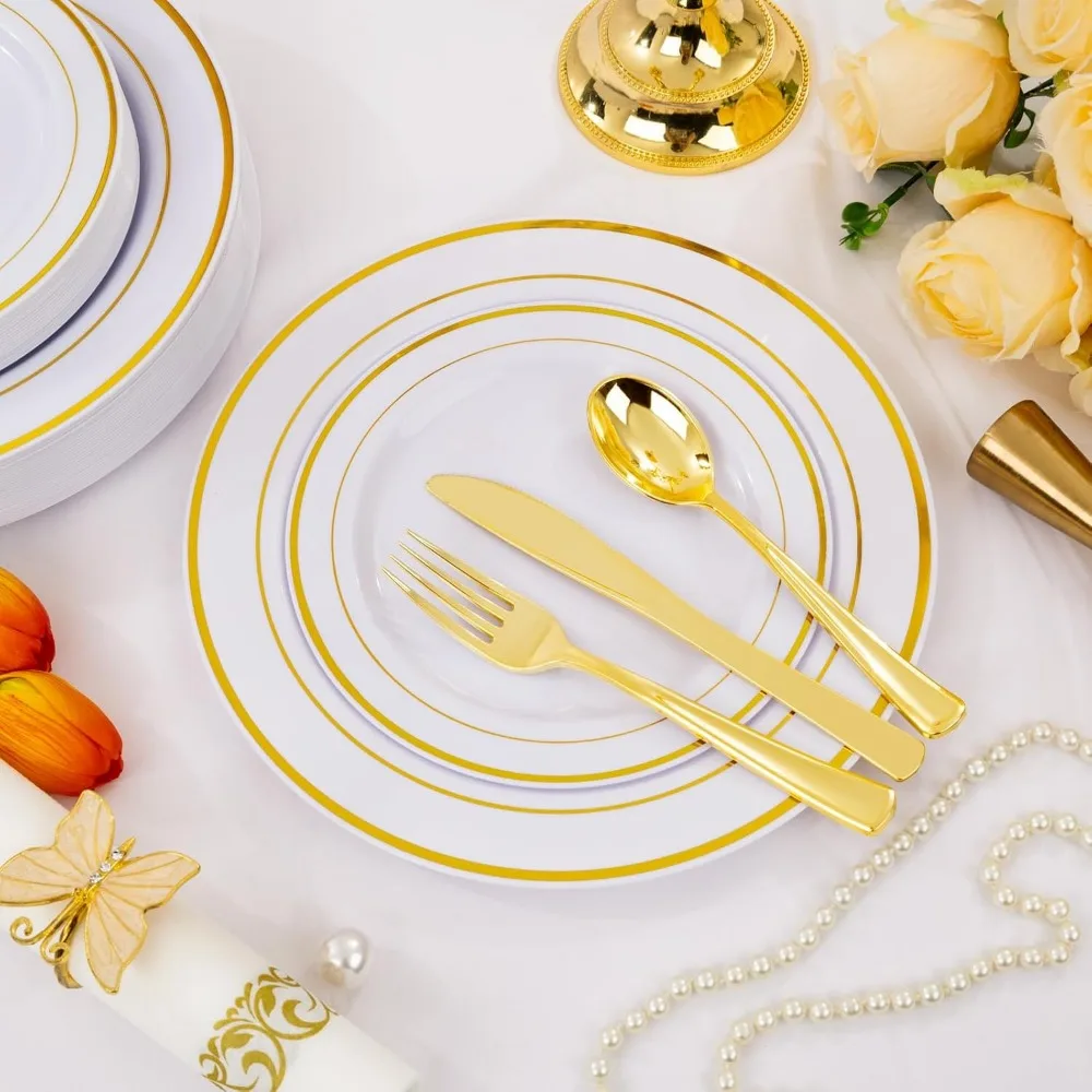 350 Pieces Plastic Plates-50 Guest Disposable Dinnerware Set Include 100 Plates, 50 Gold Plastic Silverware, Gold Napkins