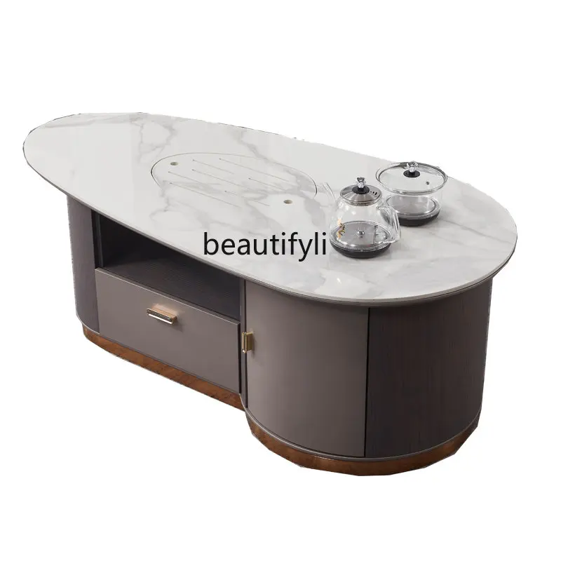 

Stone Plate Kung Fu Coffee Table Tea Table Living Room Nordic Home Light Luxury Tea Making Table Functional TV Cabinet Set