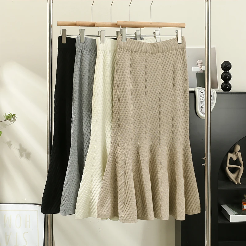

Korean Fashion Trumpet Skirt Women Knitted High Waist A-line Midi Skirt Autumn Ladies Elegant All-match Long Skirt Dropshipping