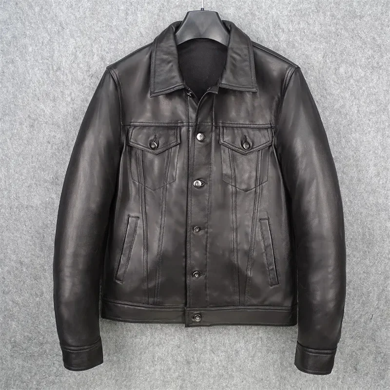 

YR!Free shipping.Summer sale.short quality natural sheepskin coat.black soft genuine coat.slim skull leather cloth.