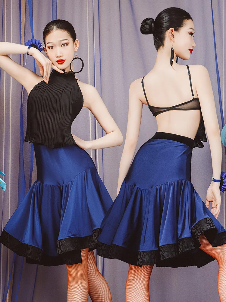 

latin dress blue skirt cha cha samba dress latin blouse bra latin pratice set latin skirt ALW58