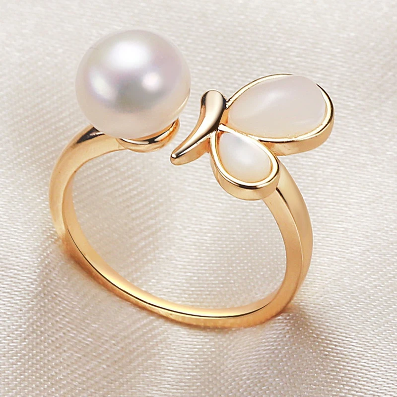 MULICHEN Freshwater Pearl Butterfly Ring Fashion Birthday Gift Seawater Fritillaria Accessory Inlaid Jewelry Open Ring