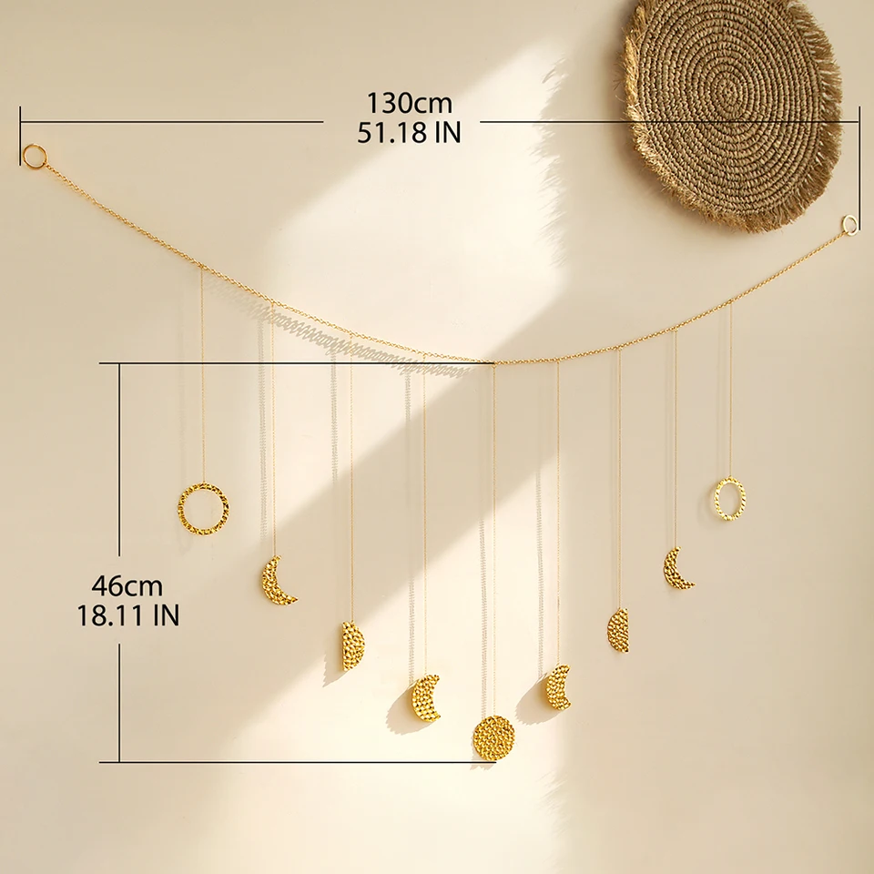 Mkouo Ghirlanda Murale Fasi Lunari In Metallo Dorato – Catena 134 Cm, Diametro Lune 6 Cm – Decorazione Boho Per Soggiorno, Camera, Ufficio