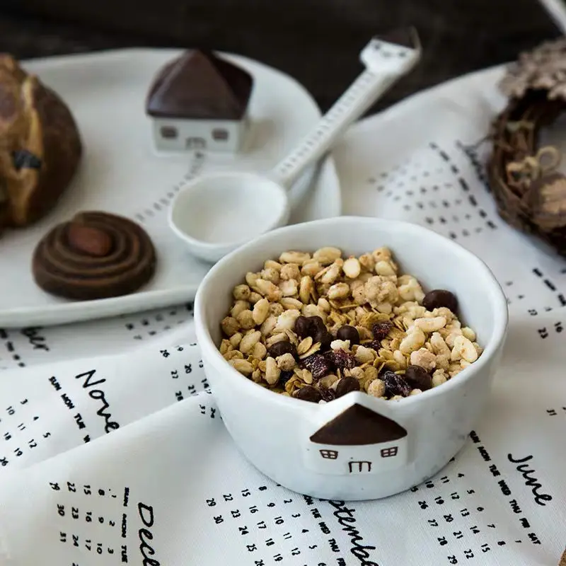 Jingdezhen original coarse pottery small house ceramic tableware household bowl dessert plate spoon Japanese creative housewarmi