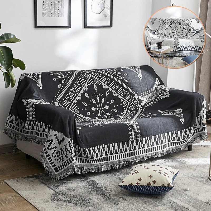 Geometry Sofa Throw Blanket Simple Carpet Tapestry Black White Side