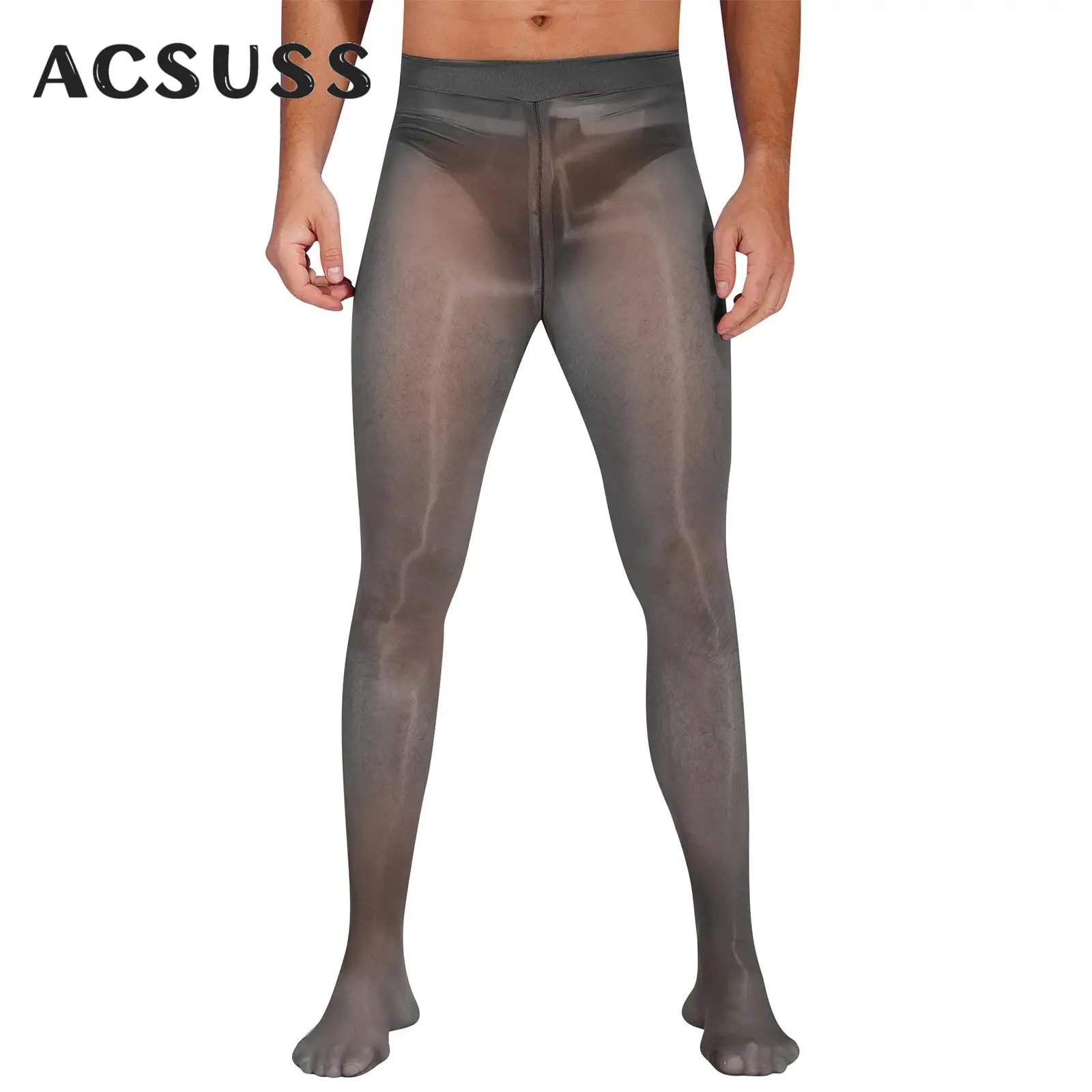 Men Oil Shiny Glossy Pantyhose See-through Zipper Crotch Leggings Stockings Elastic Waistband Stretchy Tights Nightwear Clubwear