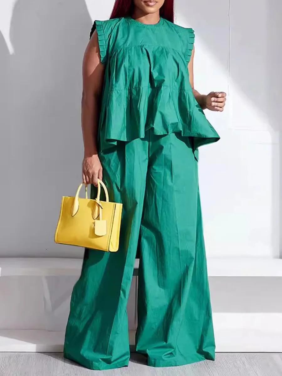 LW Ruffle Design Plain Loose Pants Set Women Spring Summer Casual Plain Sleeveless Round Neck Two Pieces Outfit Matching Suit