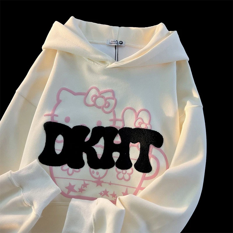 

Hello Kitty Kawaii Sanrio Hooded Cute Anime Women Autumn Winter Cartoon Loose Long Sleeved American Oversize Couple Jacket Trend