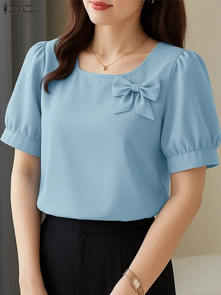 Women Summer OL Work Blouse 2025 ZANZEA Stylish Shirt Elegant Casual Short Sleeve Solid Color Tunic O Neck Blusas Mujer Femme