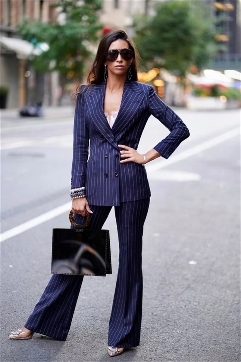 

Pinstripes Navy Blue Women Suits Set 2 Pcs Custom Made Blazer+Pants Formal Business Party Prom Dress Fashion Office Lady Jacket