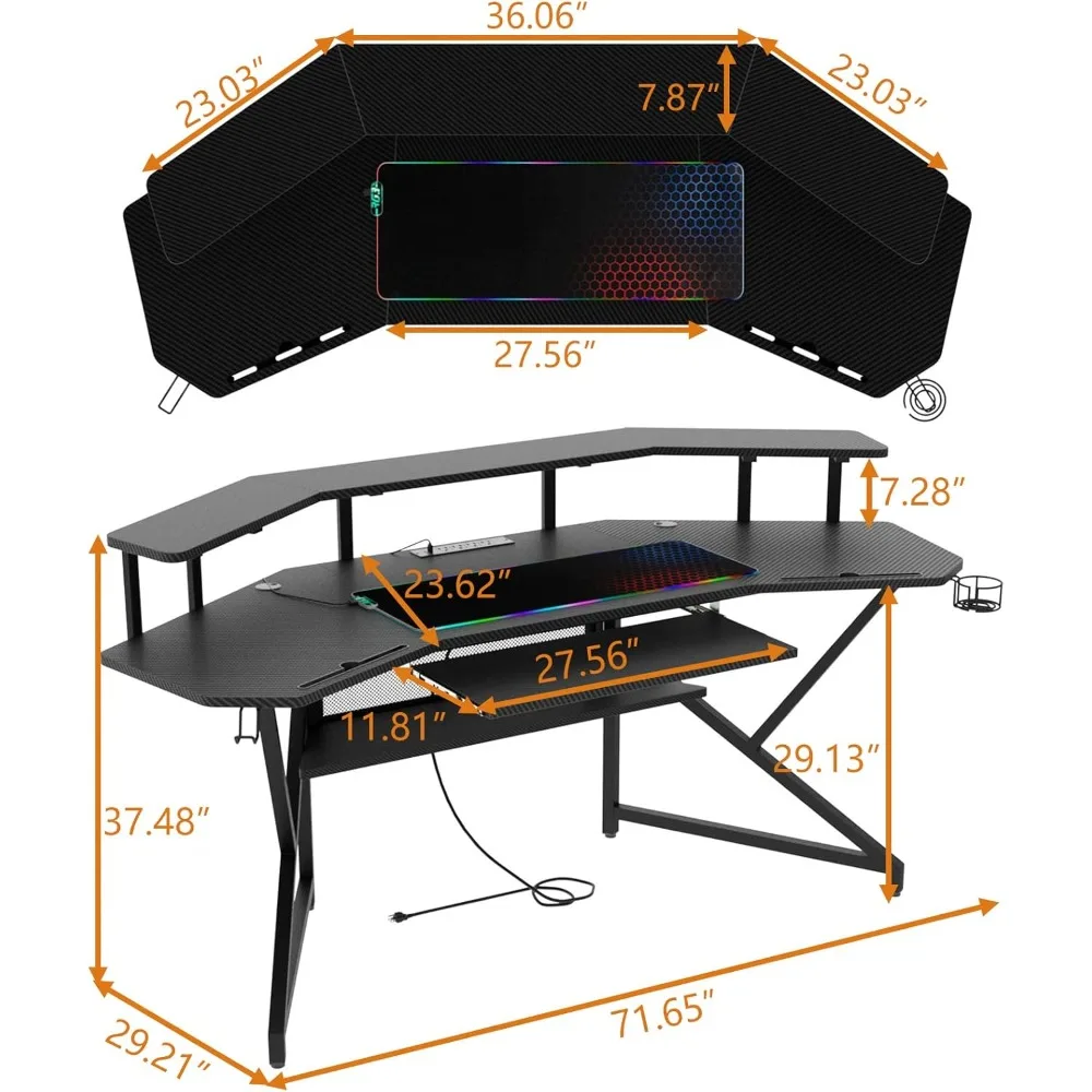 72" Gaming Desk with Power Outlet & Led Strip, Large Wing-Shaped Computer Desk W Monitor Stand 2