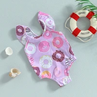 Cute Lovely Newborn Baby Girls Swimsuit Beach Wear Swimwear Ruffle Sleeveless Cartoon Donut Print Bathing Suit For Toddler 3