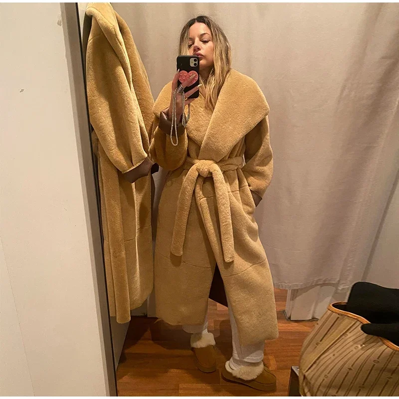 Abrigos largos elegantes de piel sintética con cinturón, solapa grande, manga larga y bolsillo, abrigos de felpa para mujer, ropa de calle de invierno 2025