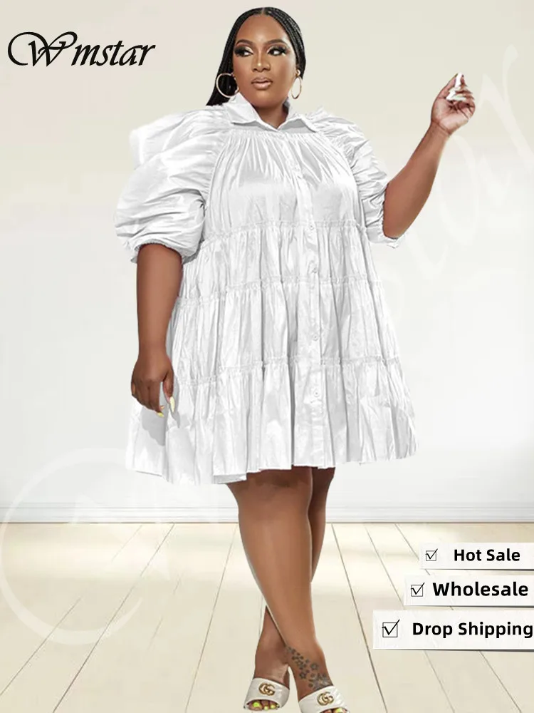 

Wmstar Plus Size Dresses Women 4xl 5xl Solid Loose Pleated Half Sleeve Casual Ball Gown Shirts Midi Dress Wholesale Dropshipping