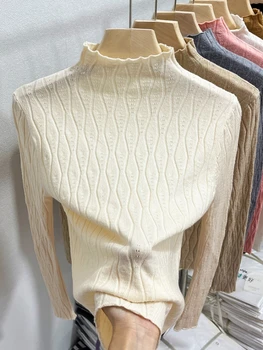 2025 محبوك سترة الياقة المدورة النساء البلوزات الخريف الشتاء الدافئة البلوز سليم القمم لينة سحب الإناث البلوز 2