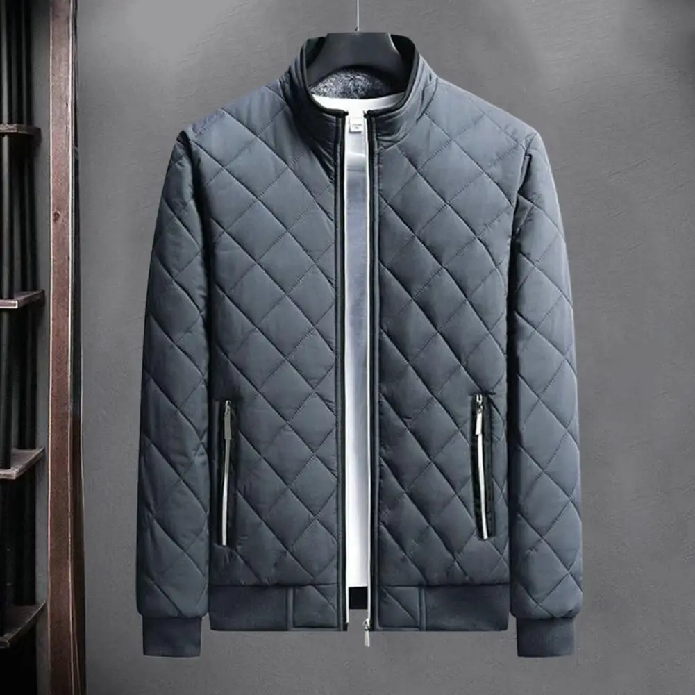 

Winter Men Coat Winter Jacket for Men Stylish Plaid Texture Warm Fleece Lining Pockets Ideal Outwear Full Zipper Closure Men