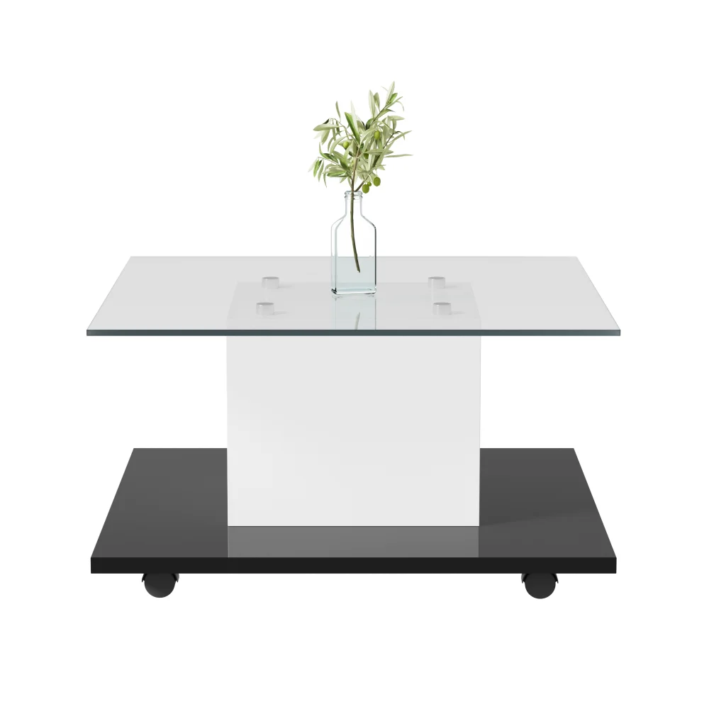 Moderner Wohnzimmer-Couchtisch, Hochglanz-Couchtisch aus Glas, mobiler Sofatisch mit drehbaren Rädern, geeignet für das Wohnzimmer – Detail 12