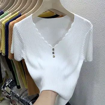 2026 Summer New Ice Silk Women's Short Sleeve T-Shirt Slim Fit V-Neck Knitted Top Korean Style Solid Color Versatile Tee 1