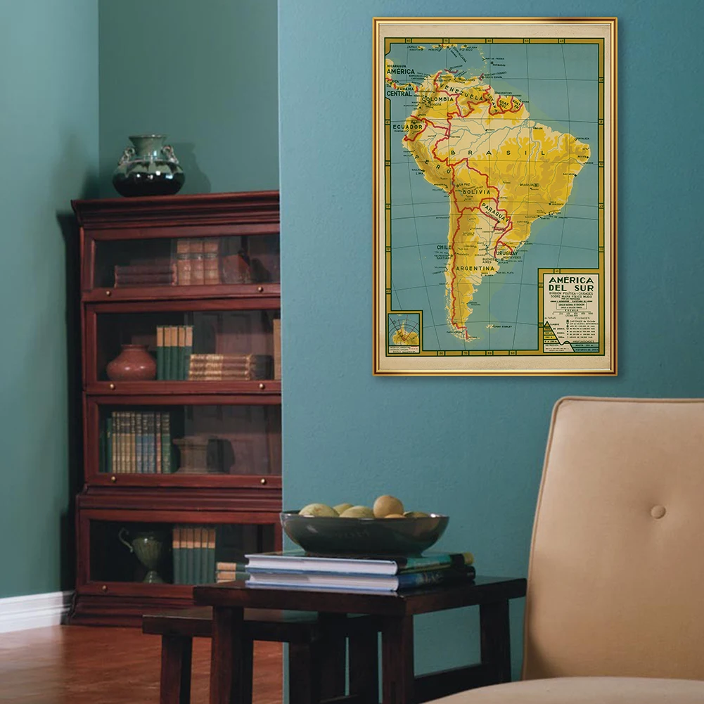 42*59cm The Vintage South America Map In Spanish Wall Art Poster Spray Canvas Painting School Supplies Living Room Home Decor