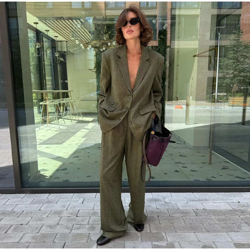 Elegant Coat Pant Sets Woman Fashion Lapel Long Sleeve Single Breasted Blazer Wide Leg Pants 2 Piece Set For Women Loose Outfits