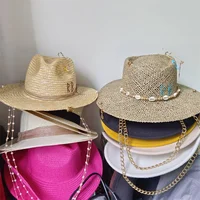 White straw hat pearl chain DIY flat top sun hat new Korean elastic ribbon hat beach hat candy color sun hat - Image 3