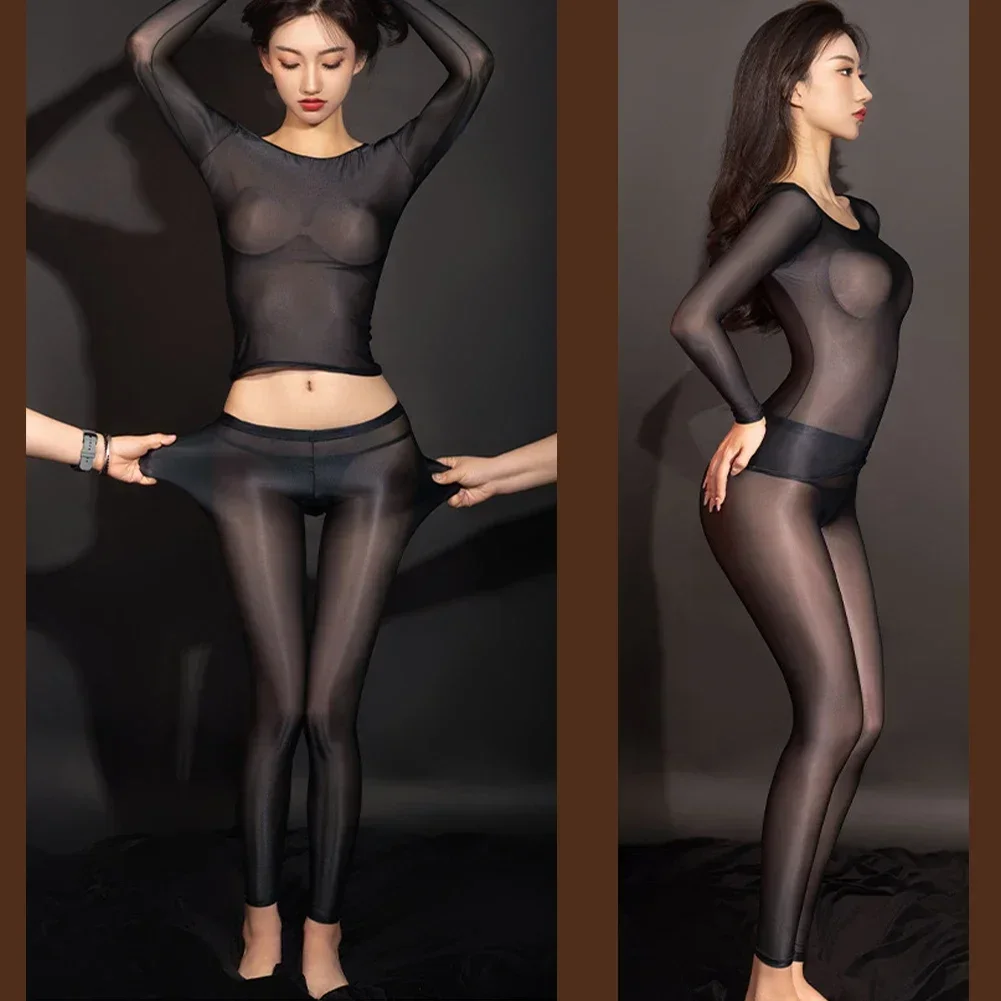 Women Oil Sheer Tops Pants Open Crotch Pantyhose Sexy Lingerie Nightwear Clubwear Ultra-Thin Shiny Stockings Smooth Socks A50 women lingerie set