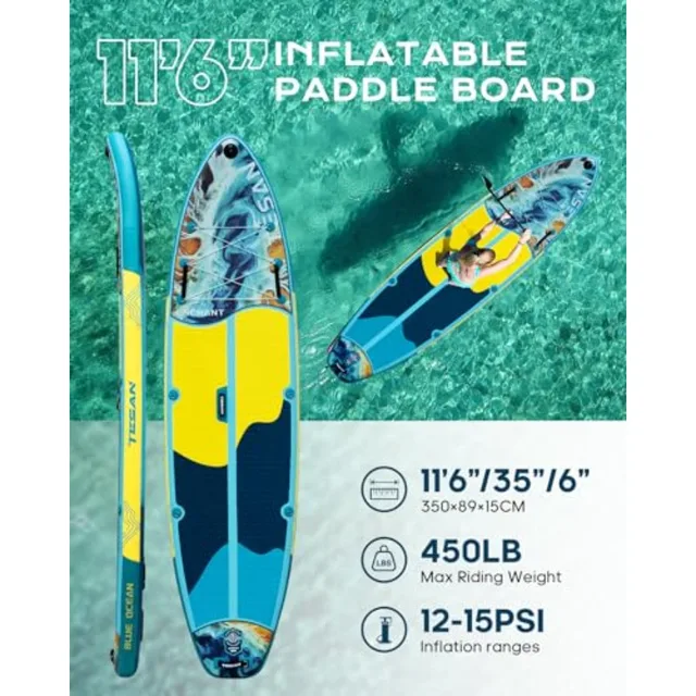 All-Round inflatable paddle board for lakes and rivers, PVC drop-stitch material, navy blue with gray accents, ultra stable 11'