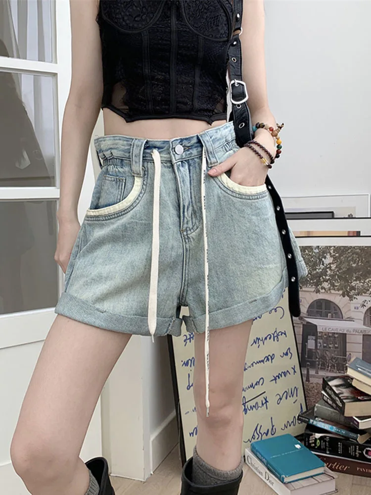 

Шорты женские джинсовые с завышенной талией, тонкие свободные трапециевидные Короткие штаны с широкими штанинами, повседневная синяя одежда, лето 2023