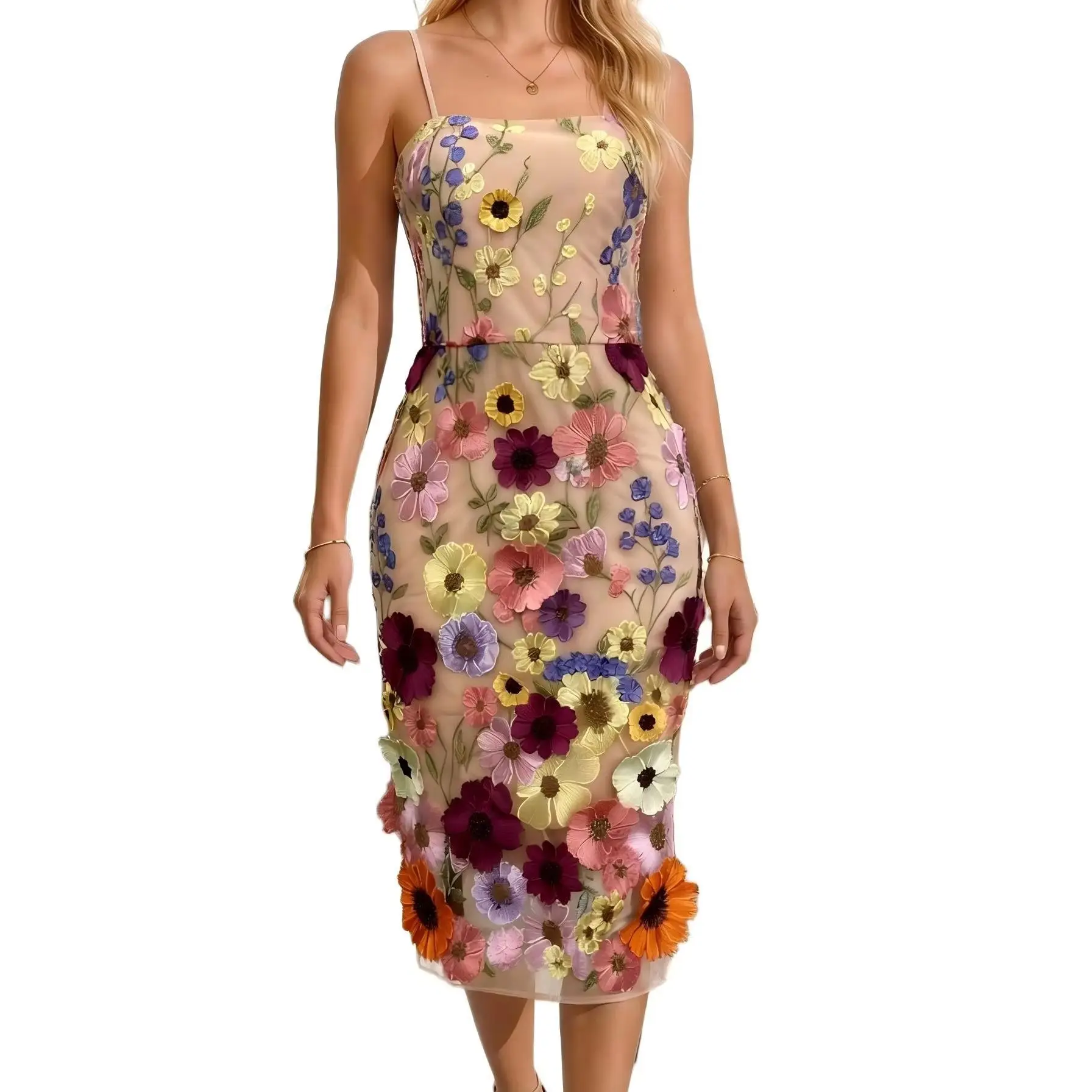 Women's Elegant 3D Floral Appliques Mesh Dress, Spaghetti Strap Sleeveless Bodycon Midi Dress for Vacation Party