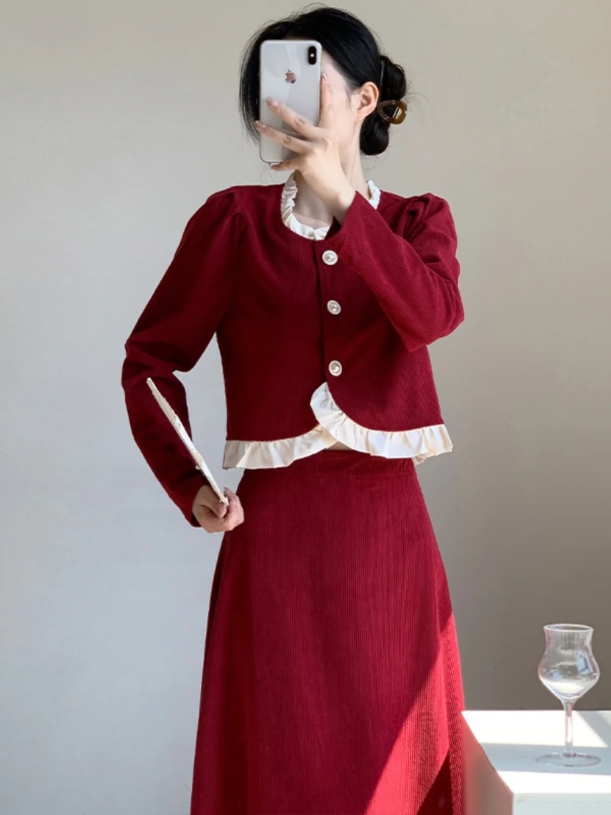 

UNXX French Chic Style Burgundy Corduroy Dress Women Spring Summer High-End Feel Engagement Dress Long Skirt Set High Quality