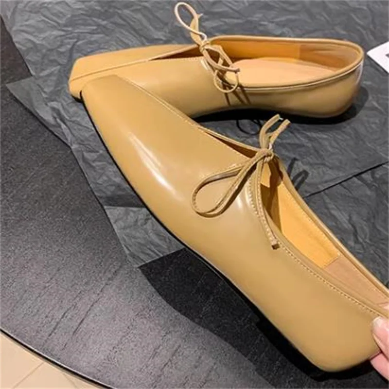 

Butterfly-knot Shoes for Ladies Square Toes Flat Heels PU Leather Female Loafers Sewing Lines Womens Bow-tied Shallow Chassure