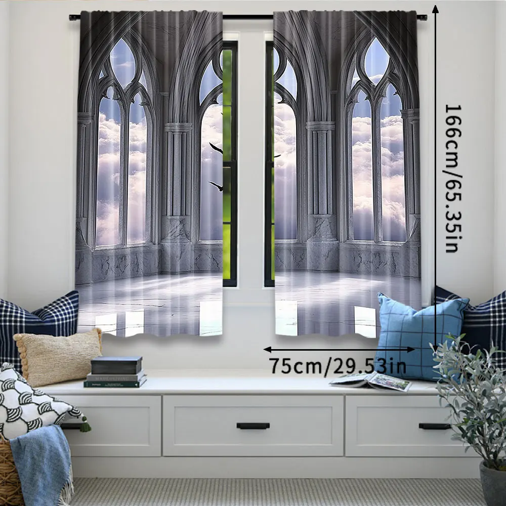 2Pcs Gothic Curtains Medieval Stone Balcony Graphic Design Mystic Middle Age Story For Bedroom Living Room And Dining Room A 3