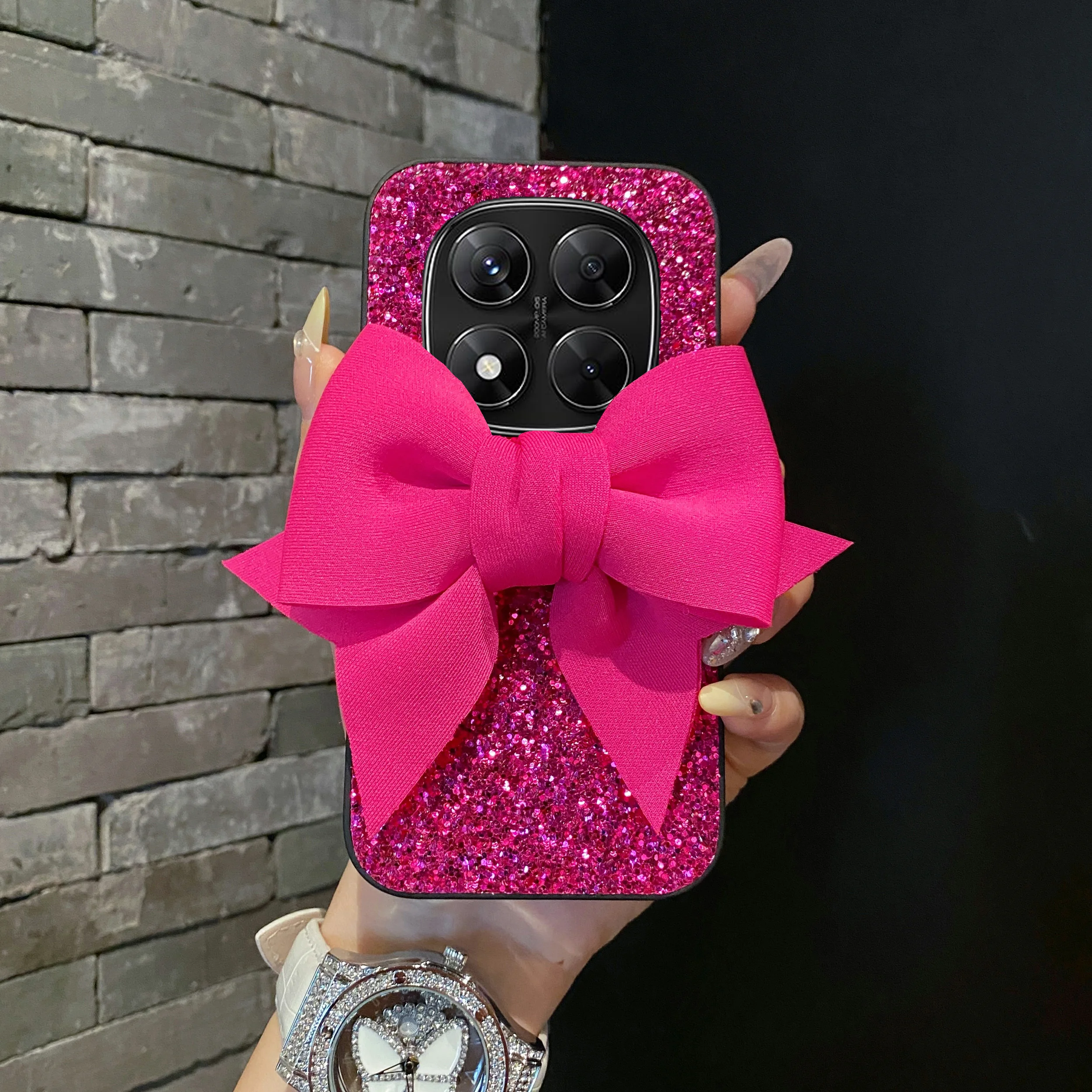 Chic Rose Red Glitter Bowknot Leather Phone Case - Shockproof Soft Back Cover