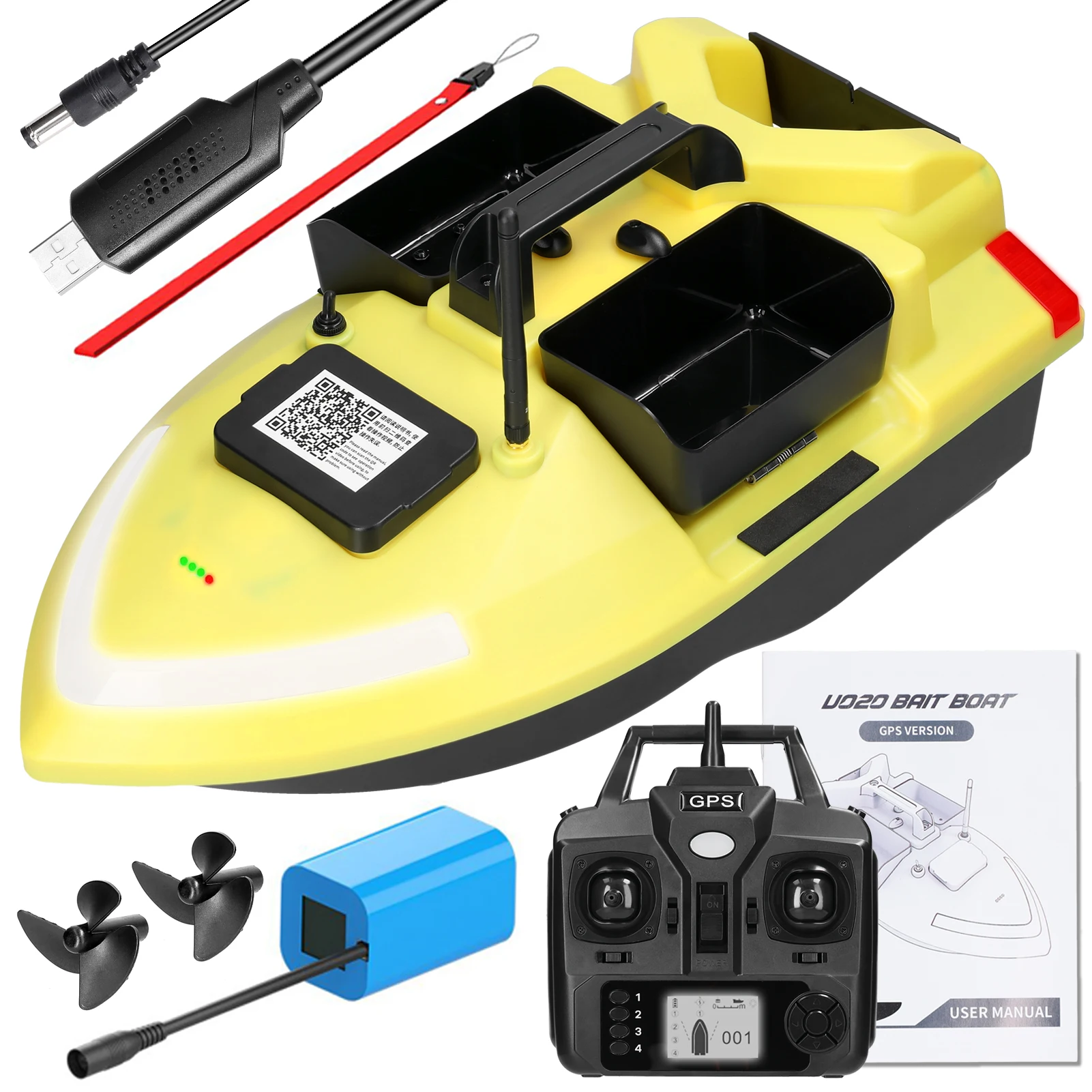 V020 40 Points GPS Fishing Bait Boat 500m Remote Control Bait Boat Dual Motor Fish Finder Correction Night Light Turn Signal