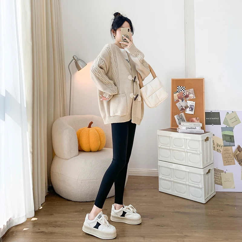 7107  가을 겨울 두꺼운 따뜻한 니트 출산 카디건, v넥, 느슨한 캐주얼 스웨터, 임산부, 임신 상의