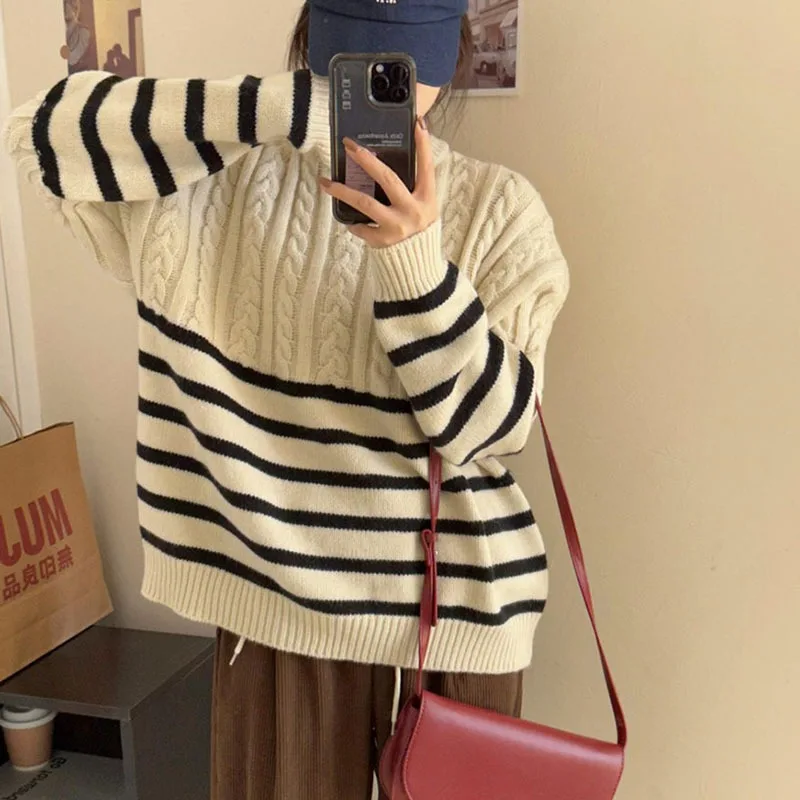 

Striped contrast twist sweater women's autumn and winter new casual fashion pullover sweater top