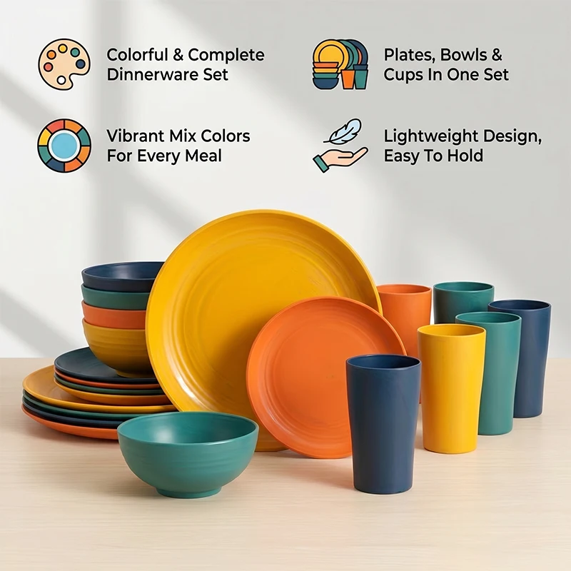 32/16pcs Wheat Straw Large Size Dinnerware Set, Service For 8/4, Kitchen Accessories, Unbreakable Modern Dish Set-Plate/Dessert Plate/Bowl/Cup, Dishwasher And Microwave Safe, Lightweight Tableware, Perfect Camping And Everyday Use, Gifts For Men 5