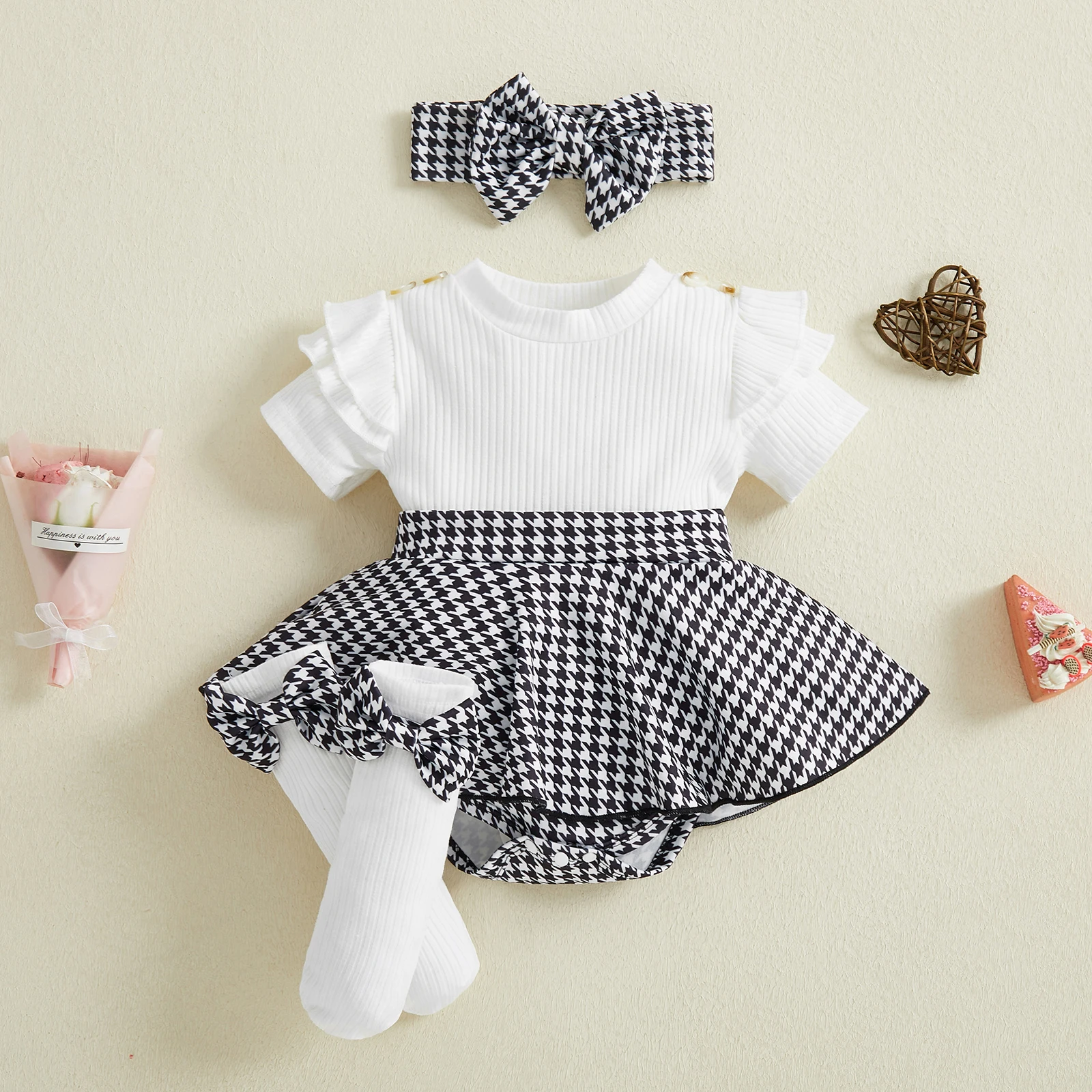 Infant Newborn Baby Girl Spring Outfit Houndstooth Short Sleeve Ribbed Romper Dress Bow Headband and Socks 3 Piece Set 3
