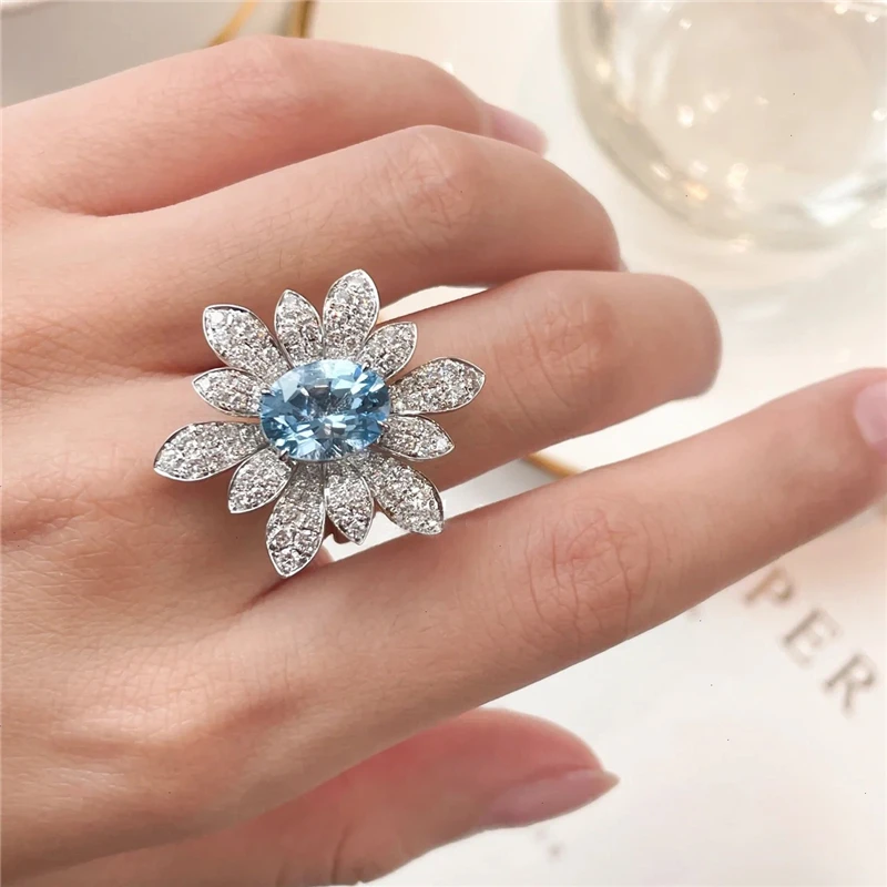

Cute Romantic Sea Blue Flower Women Ring Elegant Silver Color Sparking Crystal Finger Jewelry Ring for Female Wedding Jewelry