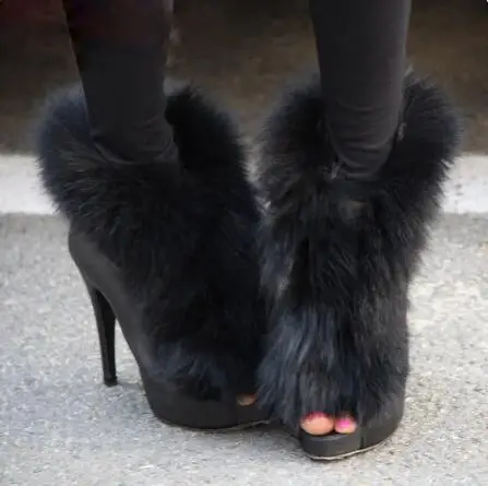 

Drop Shipping Black White Suede Leather Peep Toe Slip On Fox Fur Wrapped Stiletto Heels Ankle Boots Women Street Short Booties