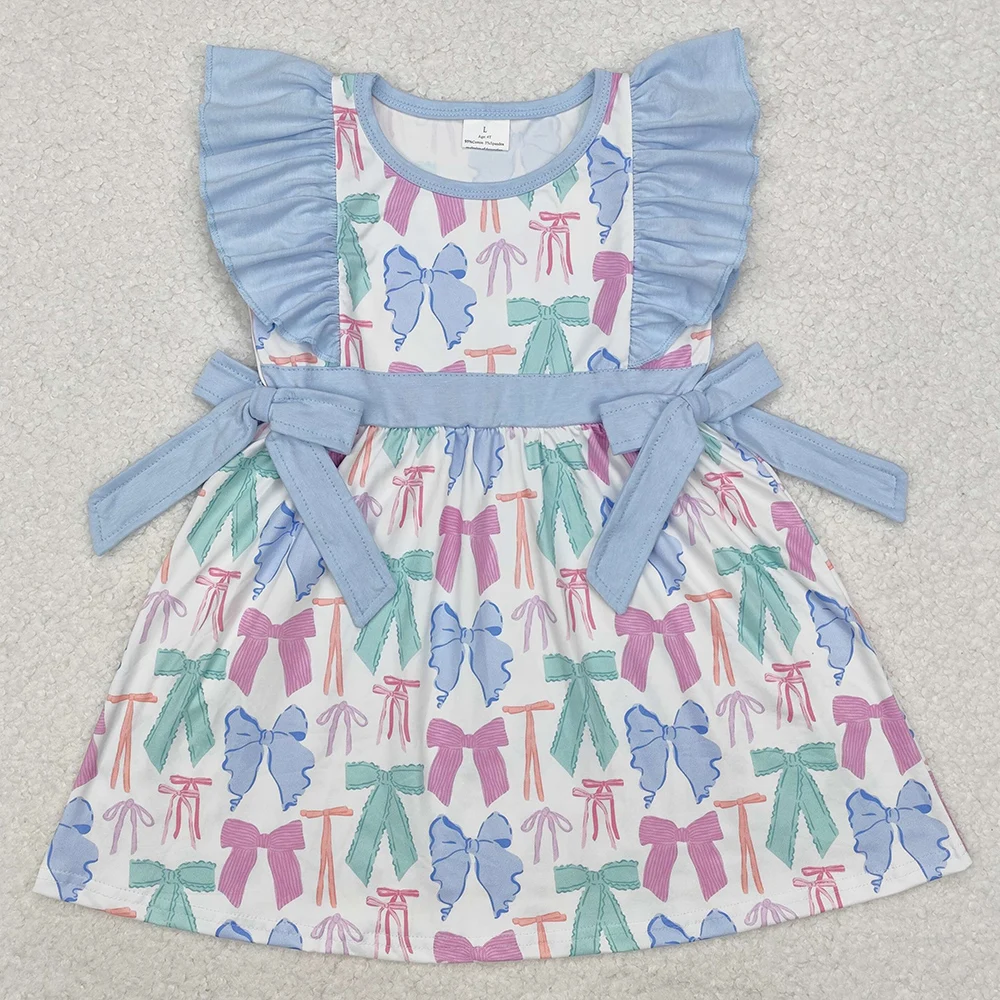 Boutique Baby Girls Dress Blue Bows Flowers Knee Length Dresses Fashion Kids Children Clothes Summer Girls Dresses New