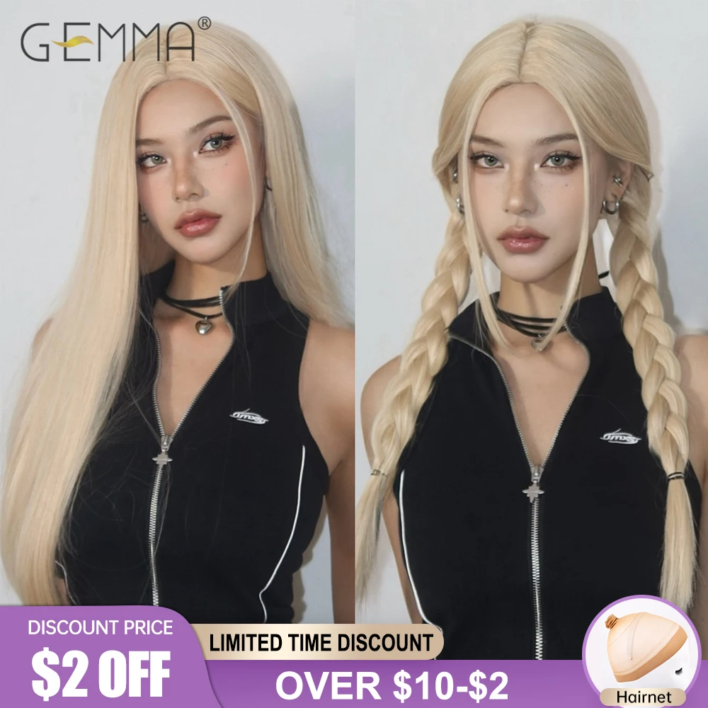 GEMMA Light Blonde Long Straight Synthetic Wig Middle Part Cosplay Lolita Wigs for White Women Heat Resistant Fibre Natural Hair texas white on blonde cd