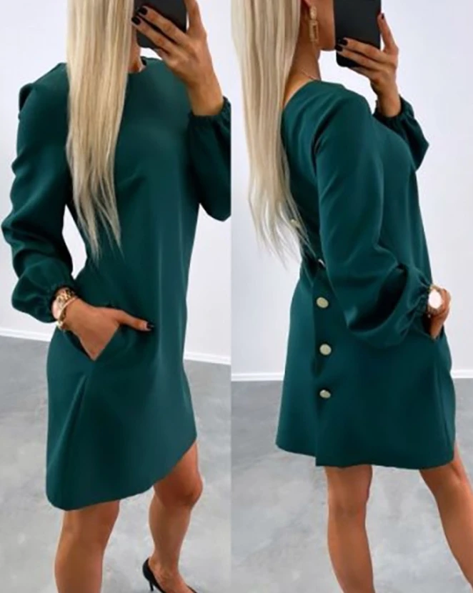 

Top Selling On Similar Deals Women's Pocket Design Long Sleeve Casual Dress Spring Fashion Daily Work Round Neck Straight Dress