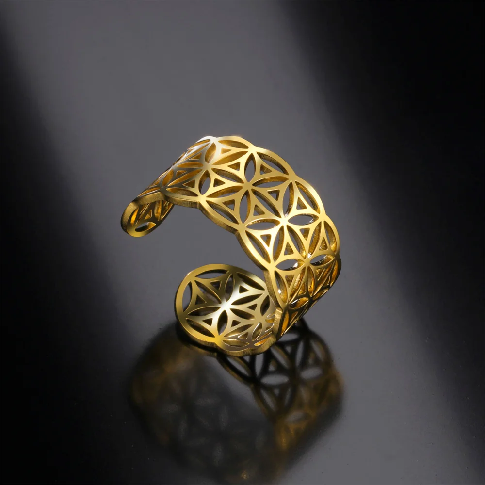 Vintage ägyptische Blume des Lebens Ringe für Frauen Edelstahl jüdischer Schmuck geometrisch offener Damenring Hochzeitsgeschenke
