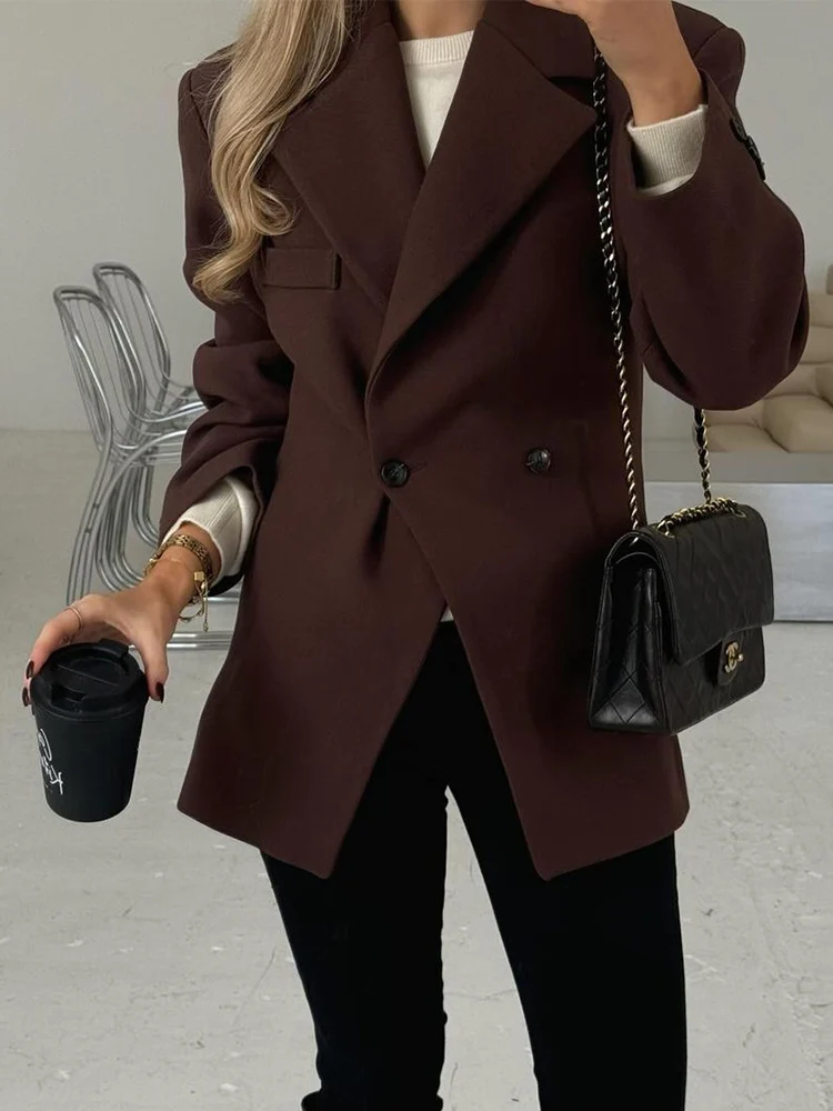 Elegant Women's Blazer Solid Long Sleeve Turn Down Collar Slim Split Office Jacket Fashion Double Breasted Spring Autumn New