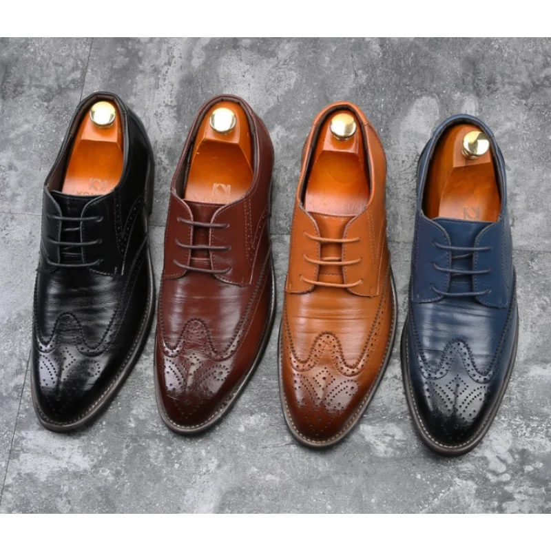 New Men Oxford Genuine Leather Dress Shoes Brogue Lace Up Flats Male Casual Shoes Black Brown Size 38-48